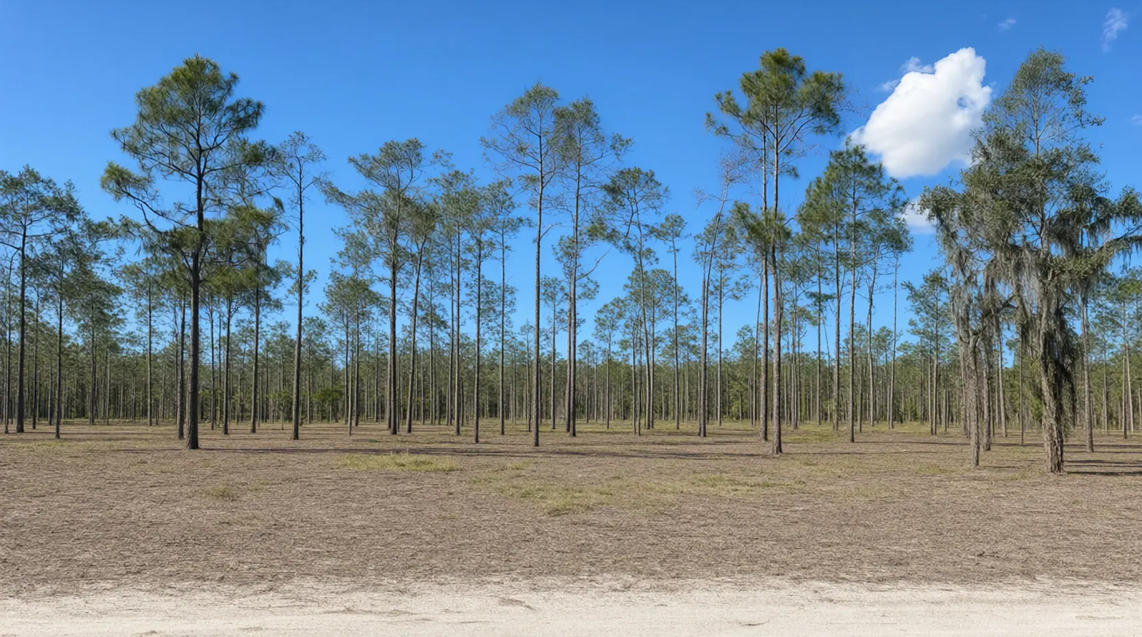 The same pine stand after understory forestry mulching, floor open, after clearing, brush clearing in Jacksonville, FL