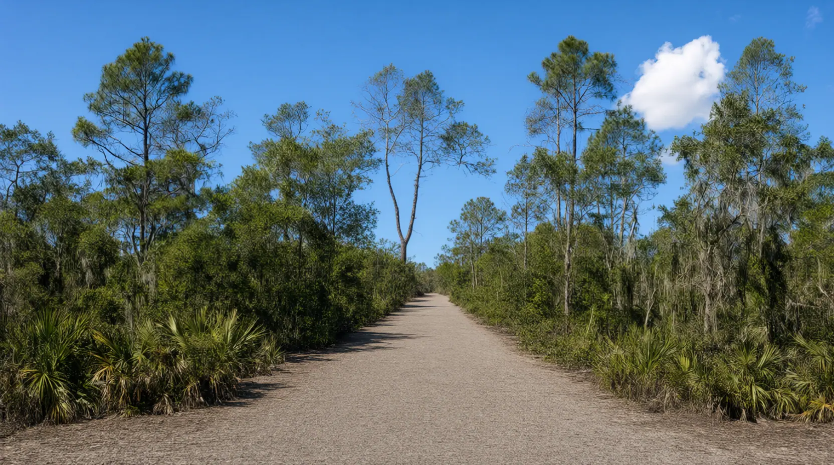Graded sand lane cut through the same pine and palmetto woods, forestry mulching in Flagler County, FL