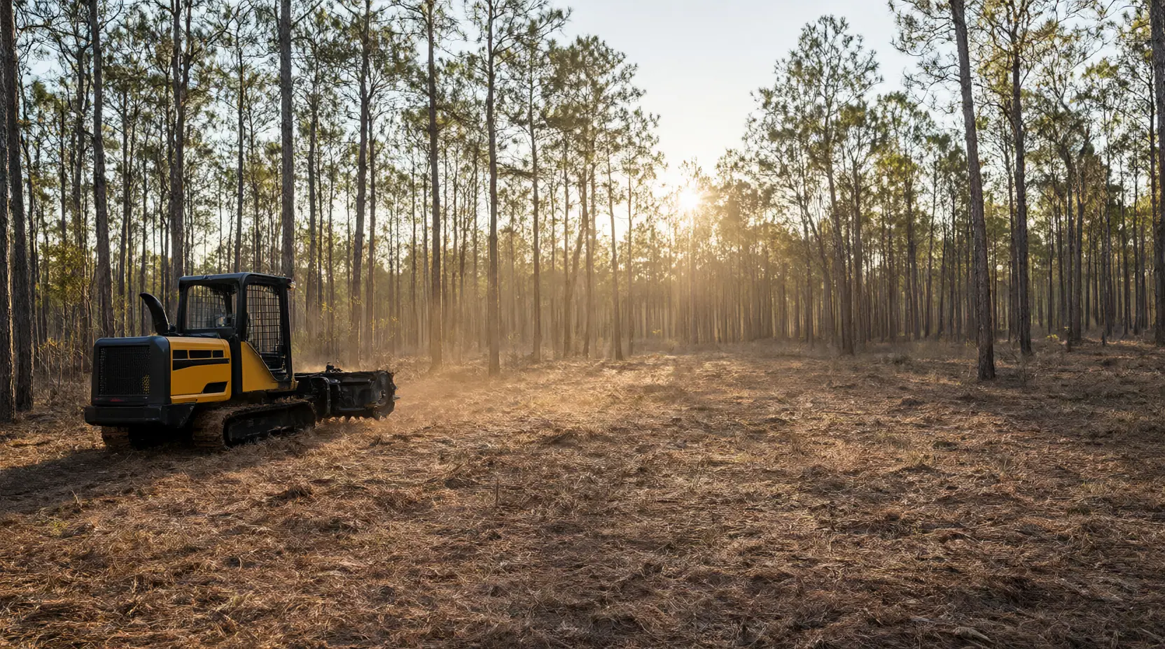 Tracked mulcher in an open pine stand at sunrise after understory clearing, brush clearing in Jacksonville, FL