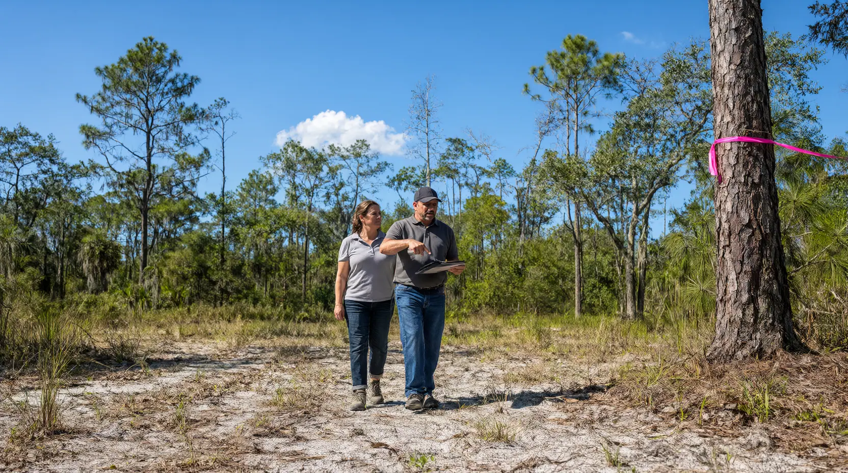 Two people walking a lot line beside a pine flagged with survey tape, tree clearing in Jacksonville, FL
