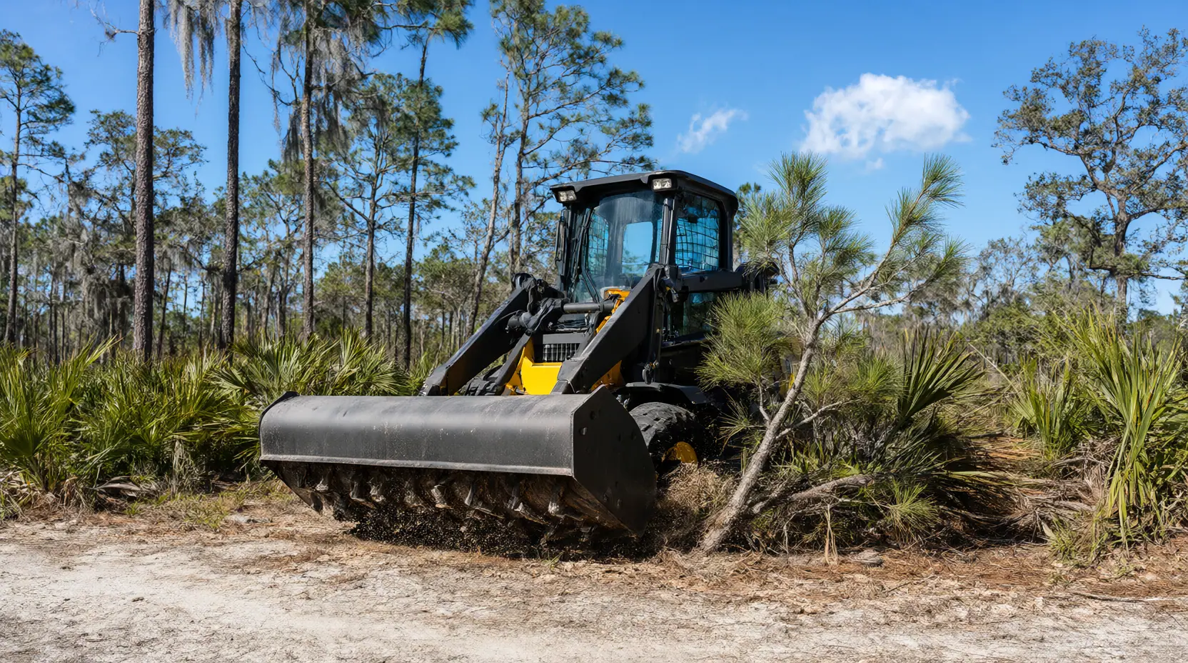 Skid steer with a drum mulcher grinding saw palmetto between slash pines, forestry mulching in Jacksonville