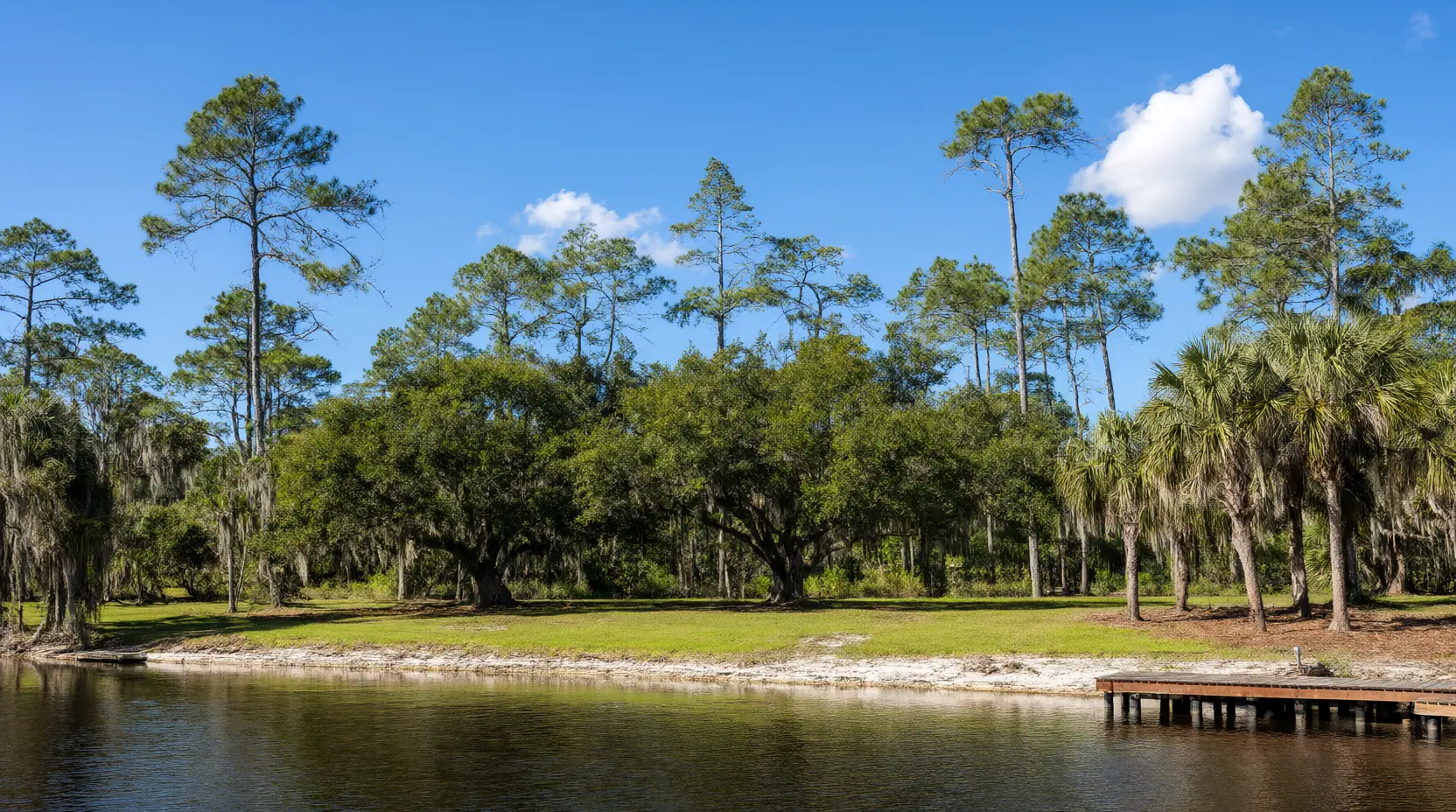 Cleared waterfront lot with live oaks and cabbage palms kept along the shore, tree clearing in Jacksonville, FL