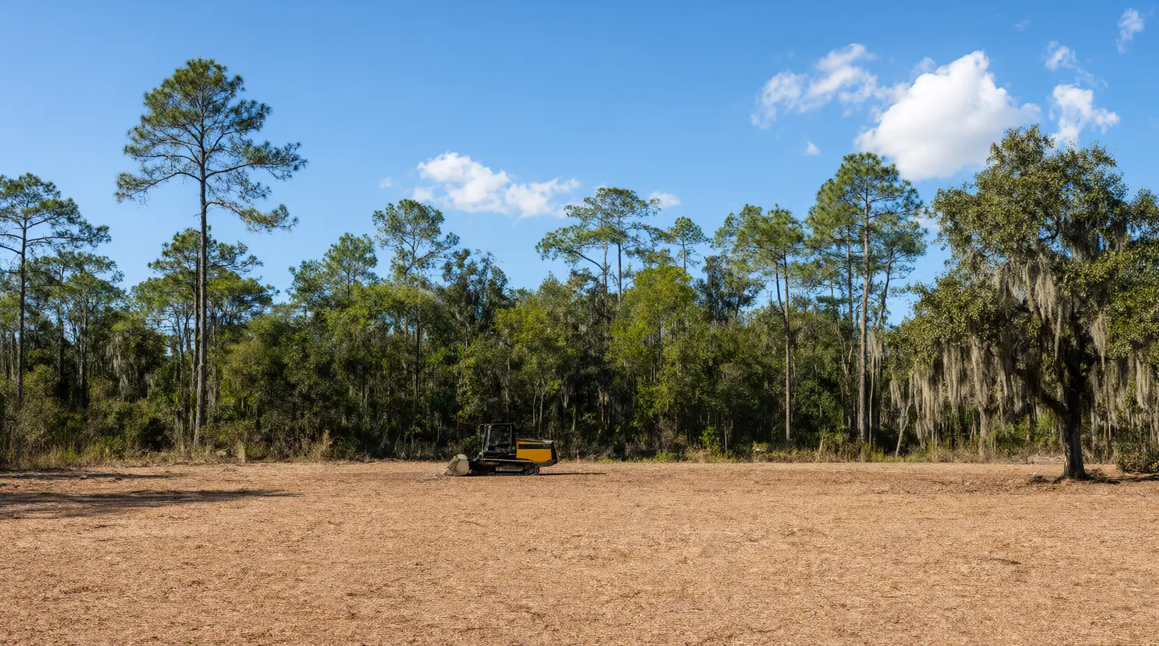 Cleared sandy acreage with a mulcher at the far tree line of pines and oaks, land clearing in Jacksonville