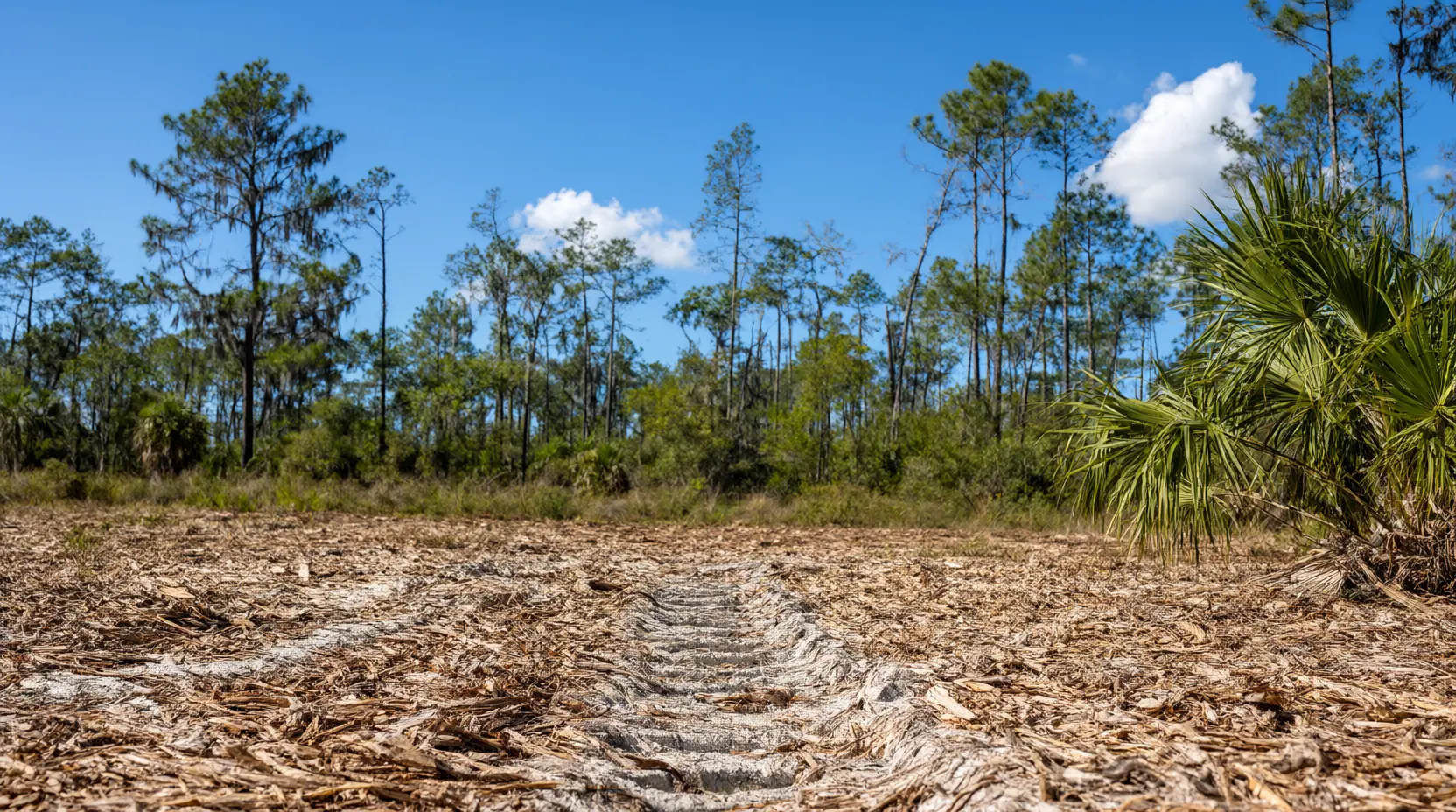 Mulch layer and track marks left on the ground after forestry mulching, brush clearing in Jacksonville, FL