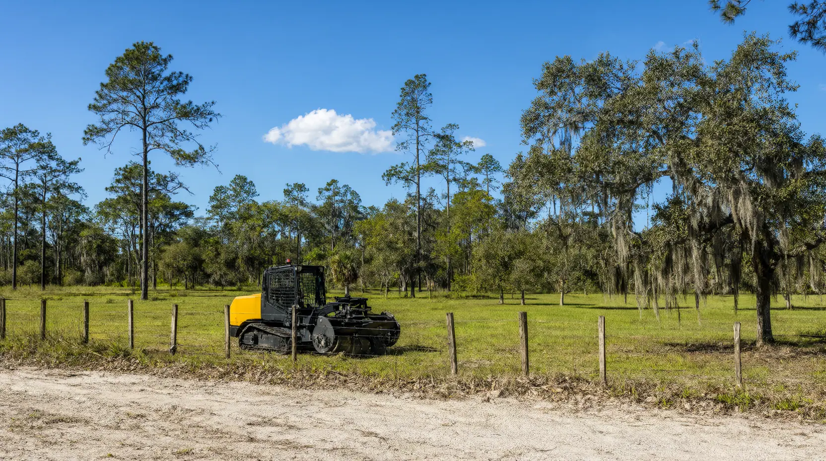 Mulcher working a fence line along open pasture with pines and oaks behind, land clearing in St. Johns, FL